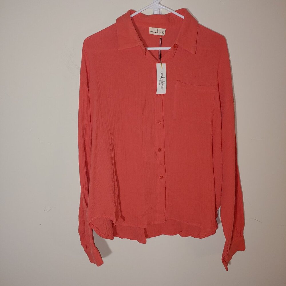 Urban Daizy Gauze Crinkle Oversized Long Sleeve Buttons Down Shirt Size L Orange